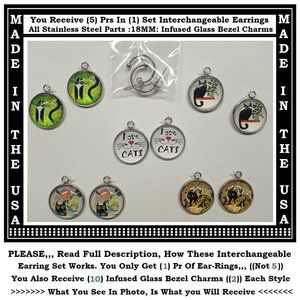 5/$20 Kitty Cat Stainless Steel Interchangeable Charm Earrings-5 Pairs in Set
